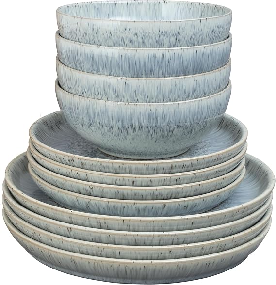 Denby - Halo Speckle Coupe Dinner Set for 4-12 Piece Ceramic Reactive Glaze Tableware Plate & Bowl Set - Dishwasher Microwave Safe Stoneware Crockery - 4 x Dinner Plates, Medium Plates, Cereal Bowls