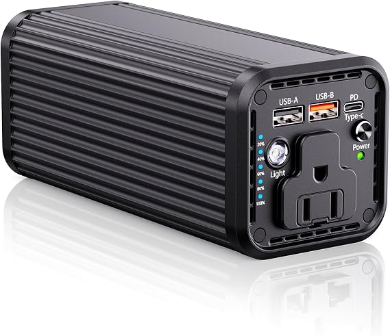 Laptop computer with AC power interface, 100W Type-C PD 65W fast charging type, featuring input and output functions, 2 USB-A outputs (QC3.0 18W), suitable for business travel and outdoor activities.