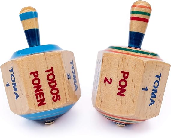 Pirinola Toma Todo Set Wood Spinning Top Game Set of 2 - Party Games for Mexican Fiesta, Bachelor Parties or Baby Shower, 4 Inches Tall.