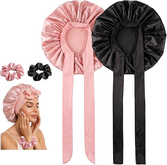 2 Pack Silk Satin Bonnet for Sleeping, Black & Blush Pink Hair Wraps Set with Adjustable Elastic Tie Band and 2 Scrunchies, Soft Sleep Cap for Women Ladies Night Hair Protection
