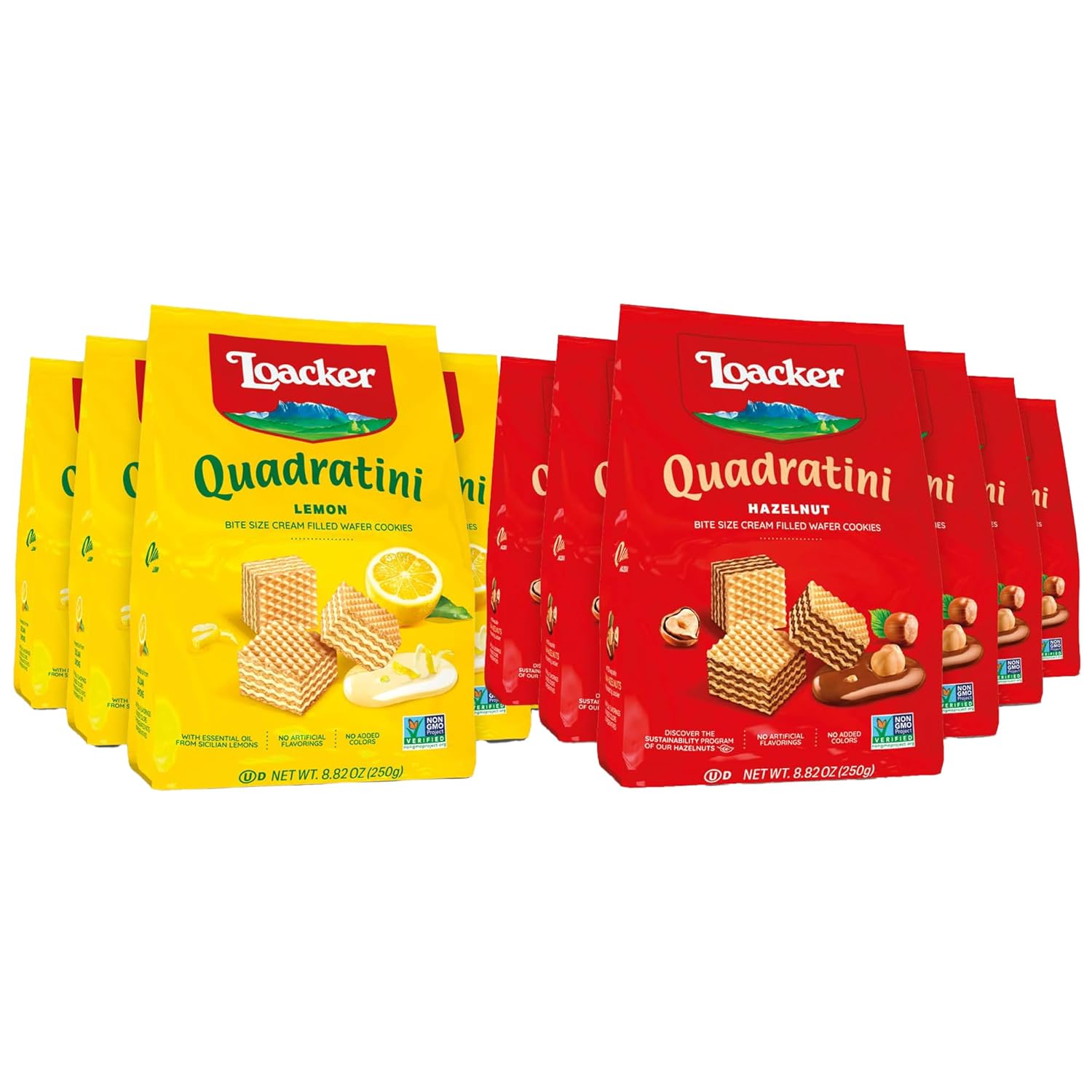 Loacker Quadratini Lemon & Hazelnut Wafer Cookies Bundle - Premium Crispy Bite Size Wafers - 30% Less Sugar - NON-GMO - LARGE Pack of 6 Each