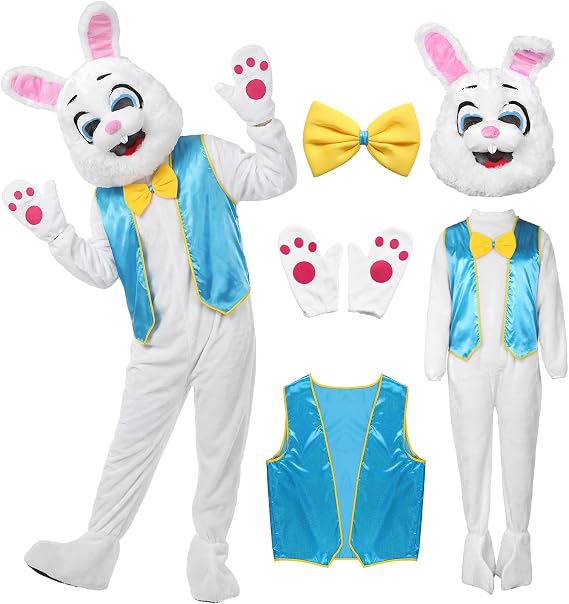 Easter Bunny Costume Adult Mascot Rabbit Suit with Head Deluxe White Jumpsuit for Easter Events Party