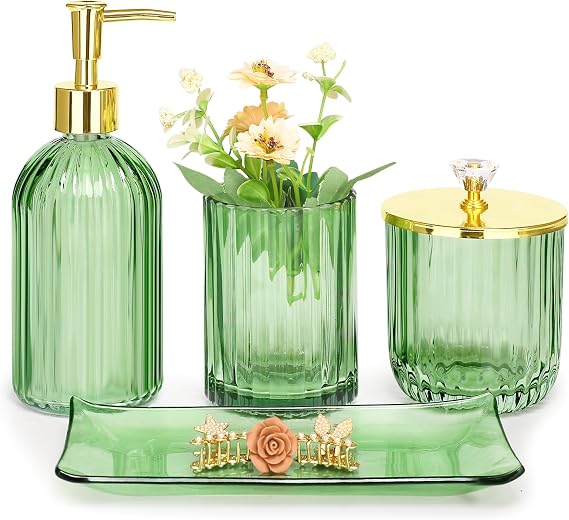 Haturi Glass Bathroom Accessories Set, Green Bathroom Set, 4 Pcs