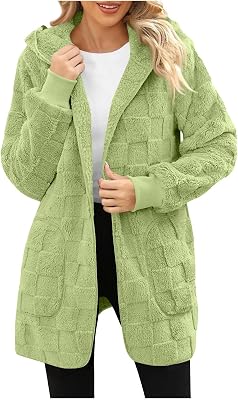 Plaid Fleece Jacket Women - Long Sherpa Jacekt Hooded Cardigan Open Front Fuzzy Coats Comfy Soft Checkered Shacket