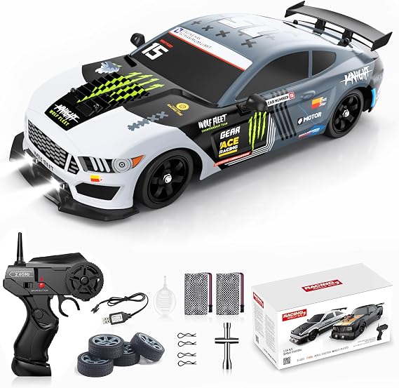 Remote Control Car RC Drift Car 1:16 Scale 4WD 18KM/H High Speed Model Vehicle 2.4GHz with LED Lights Spray Rubber Tire Racing Sport Toy for Adults Boys Girls Kids Gift 2Pcs Rechargeable Batteries