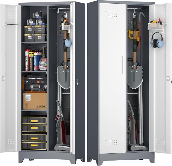 Metal Cabinets with Doors and Shelves, Cupboard with Hanging Rod, Bedroom Storage Cabinets, Heavy Duty Broom Cabinet, 65" Laundry Room Cabinets, White/Grey