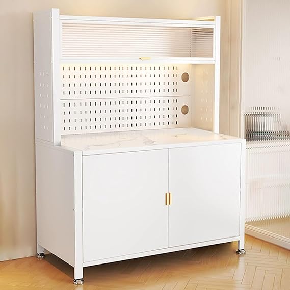 JKGHK Kitchen Storage Sideboard Cabinet, Tall Bakers Rack Countertop with Stone Slab Countertop, Standing Pantry with Pegboard and Adjustable Shelves for Home Coffee Bar(White,39x62in)