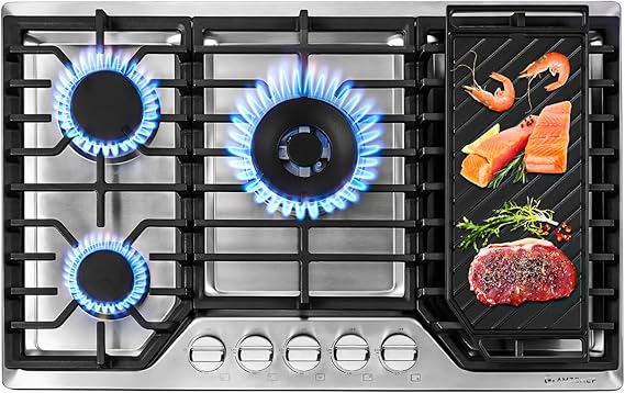 AMZCHEF 30 Inch Gas Cooktop with Griddle, 5 Italy SABAF Sealed Burners | Max 48,300 BTU Built-in Gas Stove Top, 304 Stainless Steel Panel, NG/LPG Convertible, ETL Certified