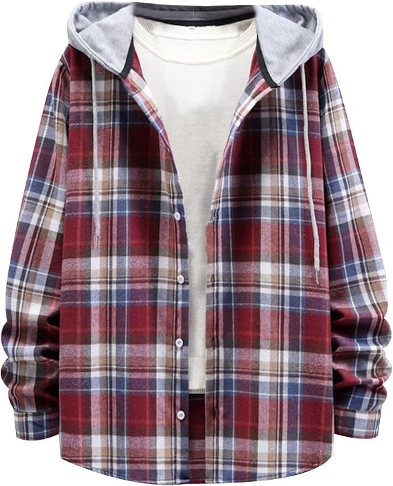 Aymnlox Hoodies for Men Fashion Long Sleeve Plaid Button Shirts Jacket With Hood Casual Stylish Drawstring Sweatshirts 2024