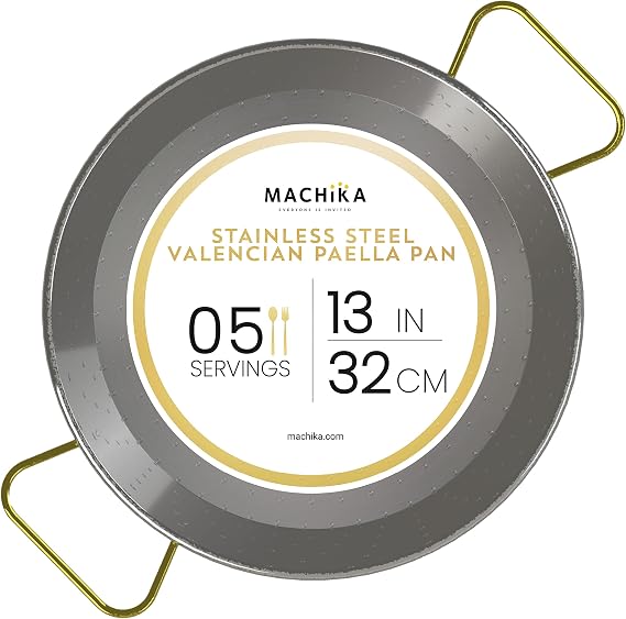 Machika Stainless Steel Paella Pan | Cooking Pan | Stainless Steel Skillet for Paella and Rice Recipes | Stainless Steel Valencian Paella Pan with Gold Handles | 5 Servings | 13 inches |