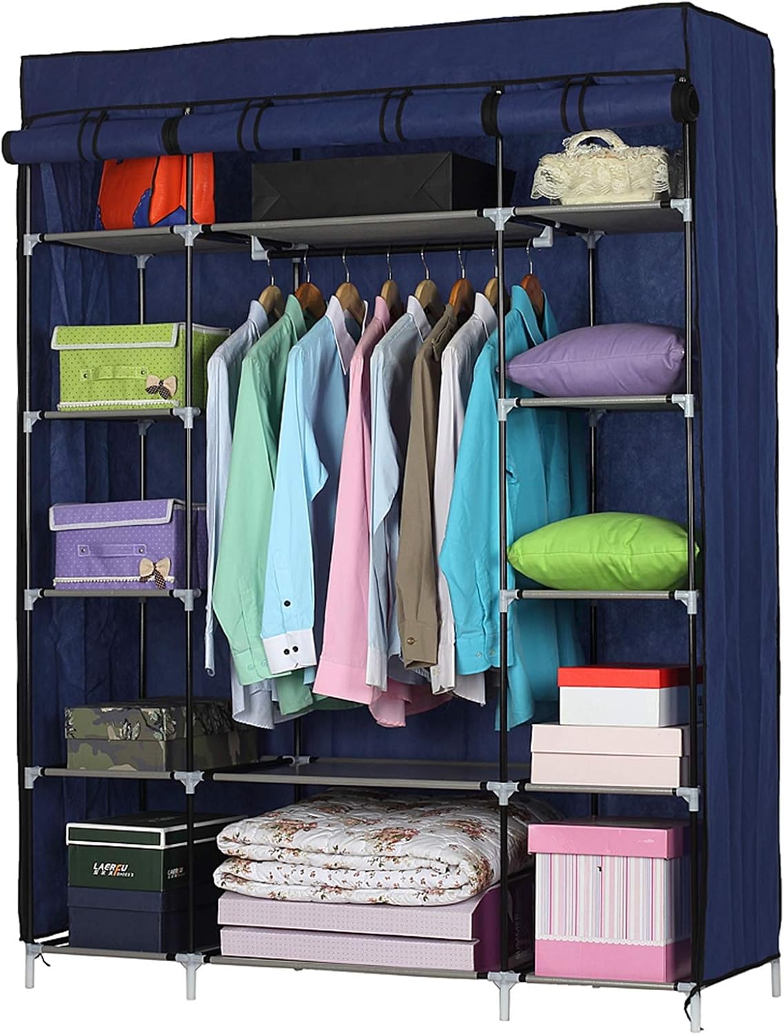 Vasitelan Portable Clothes Closet, Non-Woven Fabric Wardrobe with Hanging Rods, Shelves, Storage Organizer,52.4 x 18.1 x 67 Inch Navy