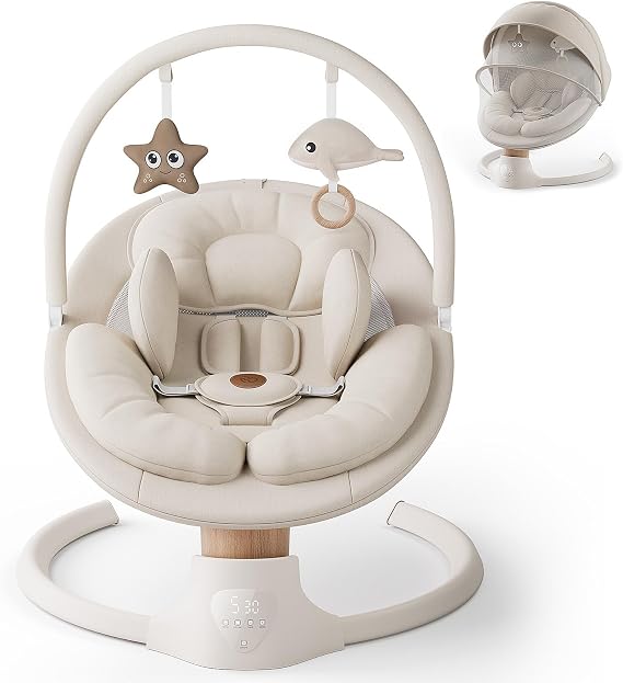 Baby Swings for Infants, FasonBaby Electric Baby Swing with Music Speaker, 5 Speeds, Remote Control and Bluetooth - Portable Infant Swing for Indoor and Outdoor (Beige)