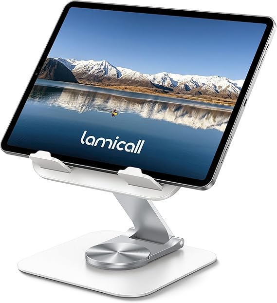 Lamicall Tablet Stand Holder for Desk - [Ultra-Slim Foldable][360Rotation] iPad Holder Stand, 360 Rotatable Desktop Tablet Holder, Tablets Accessories for 4.7-13" iPad, Switch, Phone (White)
