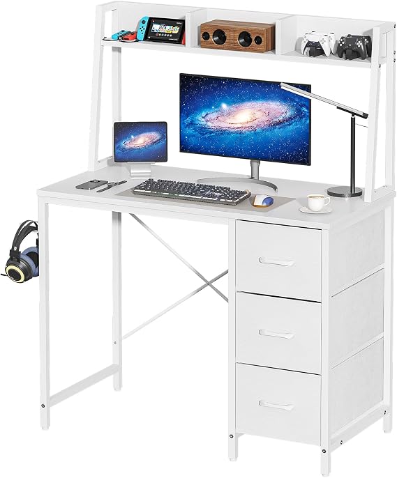 Computer Desk with Shelf and 3 Drawers, Modern Study Writing Desk with Storage Shelves, Space-Saving Home Office Workstation for Small Spaces, Bedroom, Dorm,White