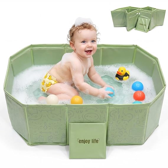 Foldable Baby Bathtub, Side-Drain, Portable, Ages 0-5, Green
