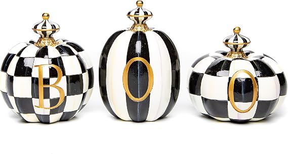 MACKENZIE-CHILDS Resin Pumpkins Set, Mini, Boo | Hand-painted design, decorative fall, Halloween, and Thanksgiving figurines, 3" dia. x 4.25" H, set of 3