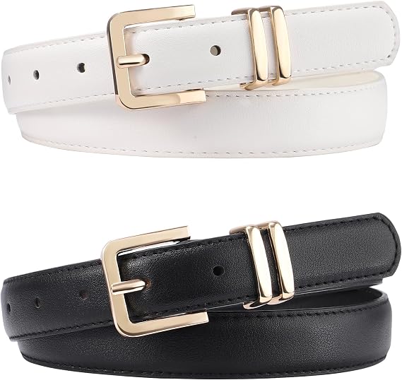 AWAYTR 2 Pack Girls Leather Belt for Kids Jeans with Gold Square Buckle
