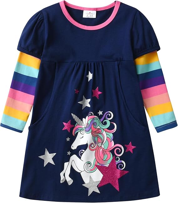 VIKITA Toddler Girls Dresses Winter Long Sleeve Girl Casual Clohtes for Kids 2-12 Years Xmas Gift | Rainbow Stripe, Pockets, School Outfits, Holiday, Photos, 2-12 years