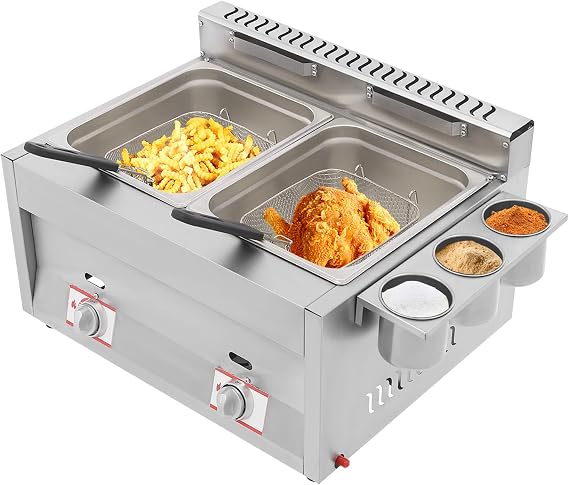 Stainless Steel Countertop Gas Fryer, Commercial Deep Fryer with 2 Baskets, 6L Dual Tank Kitchen Fat Fryer, Snack Fryers for French Fries Restaurant Home Kitchen