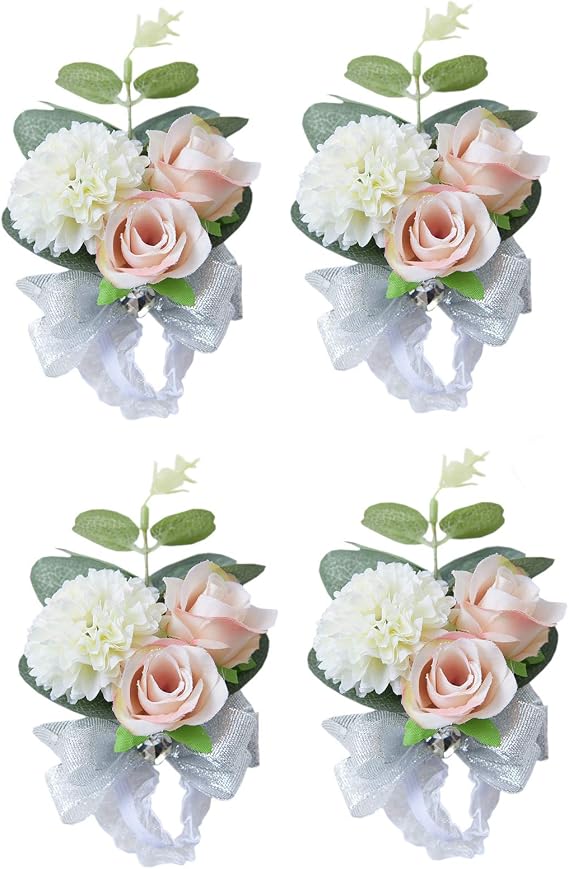 MOJUN Wedding Bridal Bridesmaid Wrist Flower Corsage Wedding Planner Wrist Corsage Hand Flower, Pack of 4