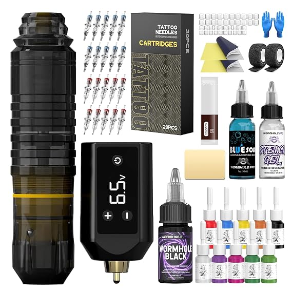 Tattoo Gun Kit Tattoo Machine Kit 20 Tattoo Cartridge Needles 10 Tattoo Ink And Tattoo Pen Power Supply For Beginners