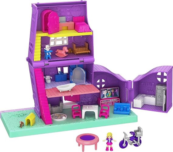 Polly Pocket Doll House with Micro Doll, Toy Bike & Furniture Accessories, Transforming Pollyville Pocket House Playset