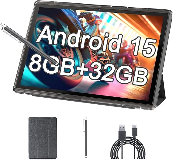 10 Inch Tablet Android 15 Tablets With Case Stylus 8GB RAM 32GB ROM Support 1TB Expand, 6000mah Battery 10 IN Android Tableta, Dual Camera WiFi-6 Bluetooth 10.1'' Android Tablet With Protective Cover
