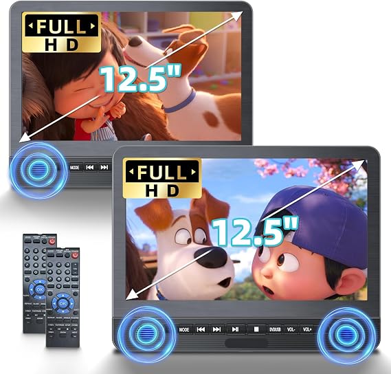 12.1'' DVD Player for Car with Dual Screen, Headrest DVD Player for Kids Play A Same or Two Different Movies, Support USB/SD, Portable DVD Player for Car Last Memory