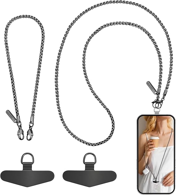 Cell Phone Chain 2 Pack, 1*Crossbody Lanyard 1*Anti Theft Wrist Strap Cellphone Wristlet 2*Clear Tether Tabs Fits for Most Case