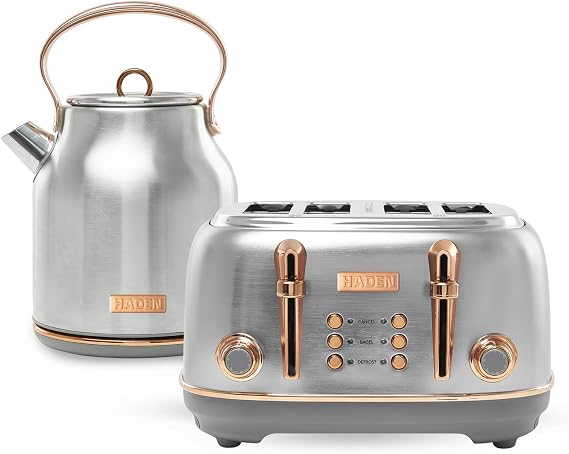 Haden Heritage 4 Slice Wide Slot Stainless Steel Toaster Bundled with 1.7 Liter Stainless Steel Electric Water Kettle, Steel & Copper