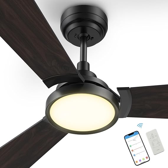 SMAAIR Ceiling Fan with Light, 52 Inch 3 Blade Low Profile Ceiling Fan with Light and 10 Speed DC Motor, Works with APP/A-lexa/Google Assistant/Siri Shortcuts (Walnut)