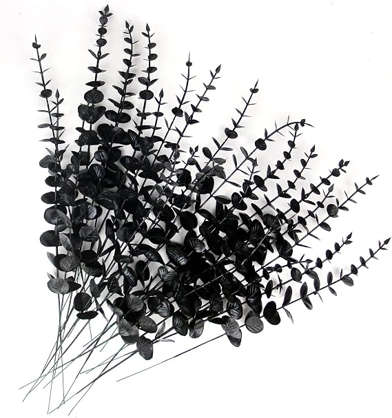 Tinsow 26 PCS Black Faux Eucalyptus Leaves Halloween Artificial Flowers