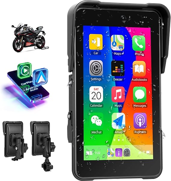 SIXWIN Portable Motorcycle GPS Navigation, Wireless Motorcycle Apple Carplay & Android Auto, 5" HD Touch Screen with Tyre Pressure Detection, Siri & Google Assistant, IP68 Waterproof
