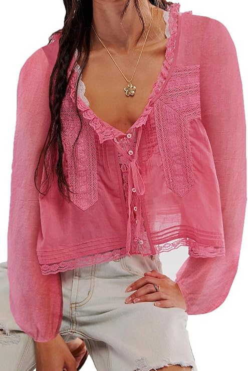 Boho Lace Bow Tie Front Top for Women Cute Sheer Ruffle Flowy Long Sleeve Shirts Coquette V Neck Button Down Blouse