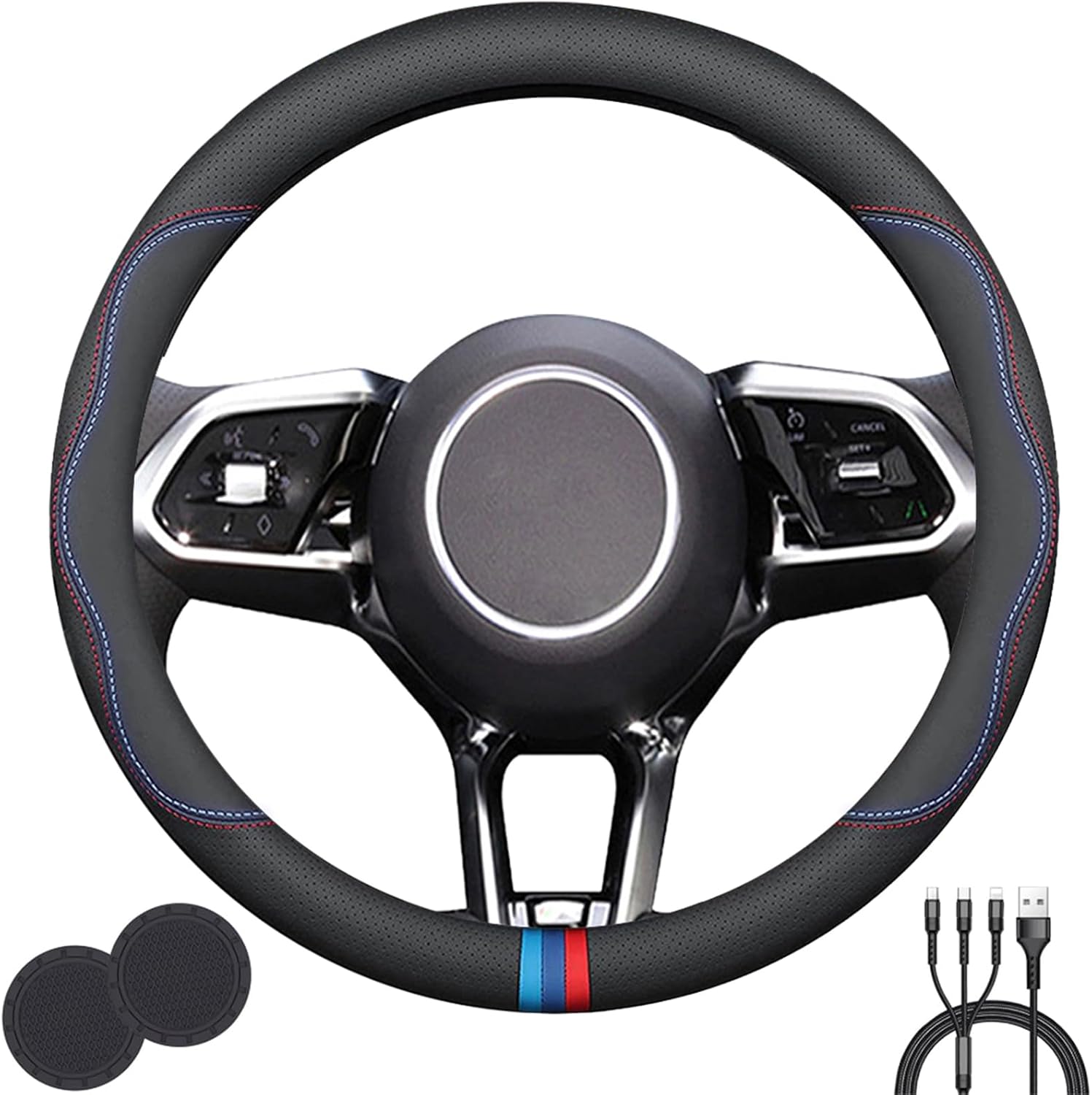 Universal Steering Wheel Cover,Stylish Non-Slip Premium Leather Steering Wheel Cover for Steering Wheel with a Diameter of 14.5"-15" with 2 Coasters and 3-in-1 USB Charging Cable Style B