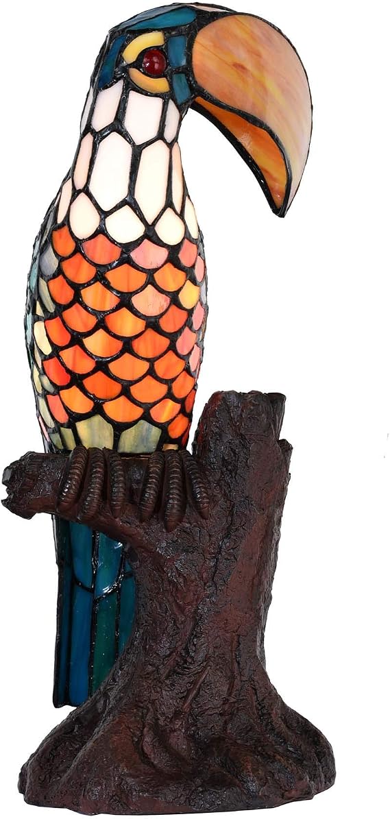 Bieye L10813 Toucan on Tree Trunk Tiffany Style Stained Glass Accent Table Lamp Night Light. 16.25 inches Tall