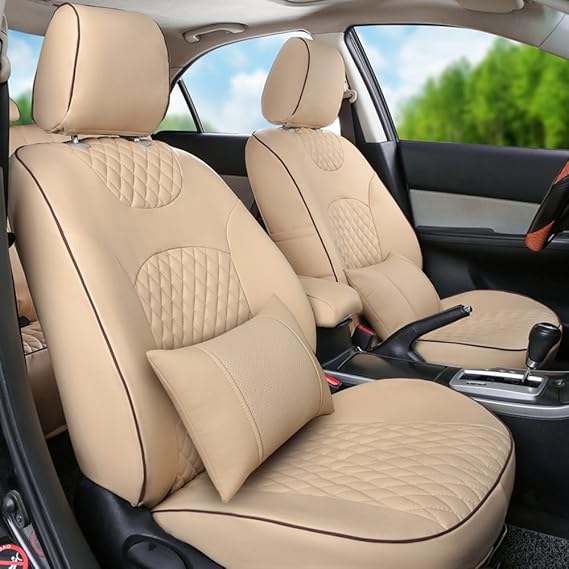 Automotive Custom Fit Leatherette Seat Cover Set for Toyota Land Cruiser Prado Fortuner Estima Alphard Previa Wish Leather Look Seat Supports Cover Diamond Stitch 7 Seats (Beige)