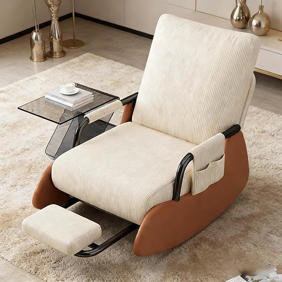Nursery Rocking Chair With Ottoman, Low-Seat Glider With Side Pocket & Foot Rest, For Mom, Living Room & Bedroom(White-Brown)