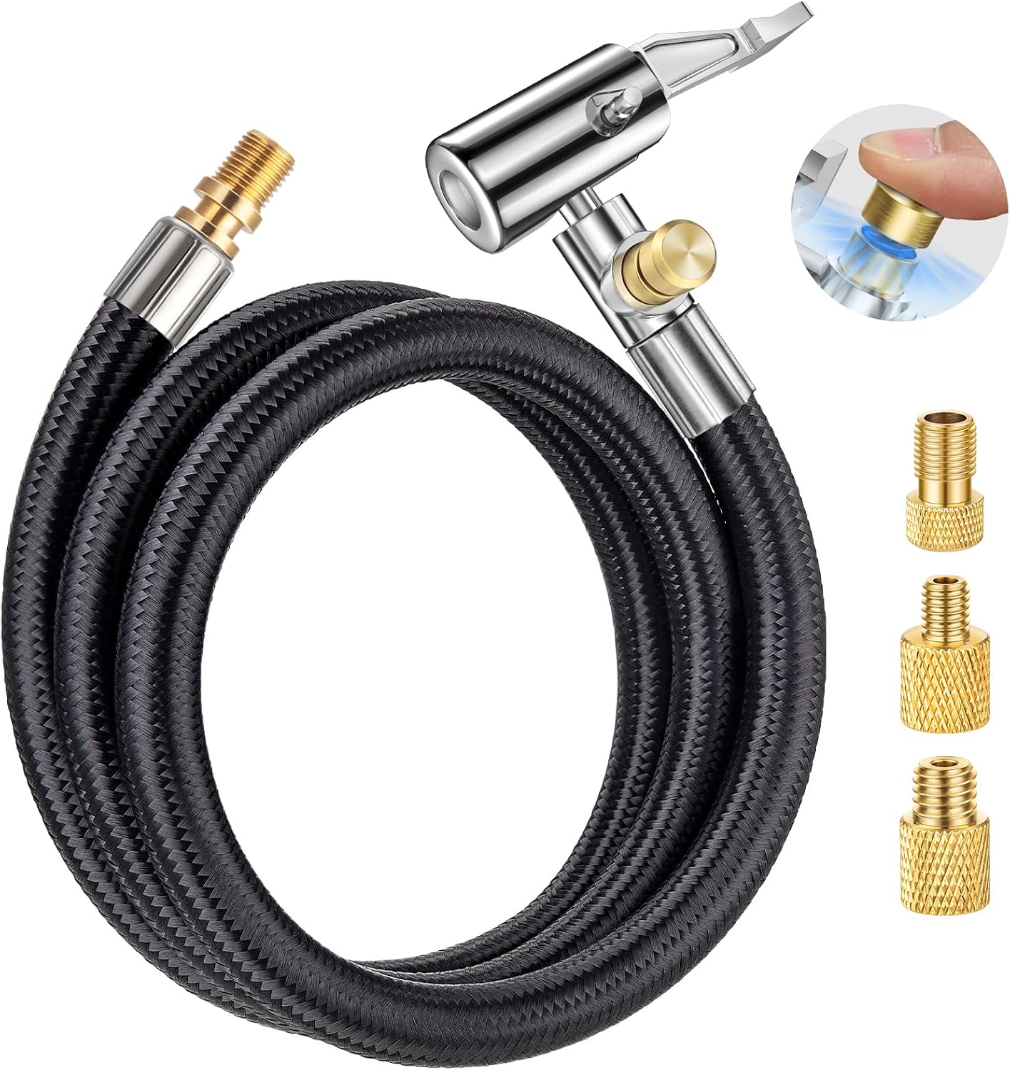 LUMITECO 31" Lengthened Tire Inflator Hose Adapter Quick Connect&Release, Lock On Air Chuck w/Schrader Valve Fine Thread&Converting Nuts, Tire Inflator Pump Hose Adapter for Car Motorcycle Bike