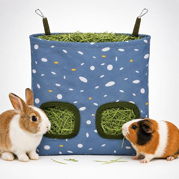 Rabbit Hay Feeder, Guinea Pig Hay Holder & Bunny Hay Feeder Durable Hanging Hay Bag for Rabbits Chinchillas Guinea Pigs Bunnies Chew-Resistant Hay Holder for Small Animals (Polka Dot)