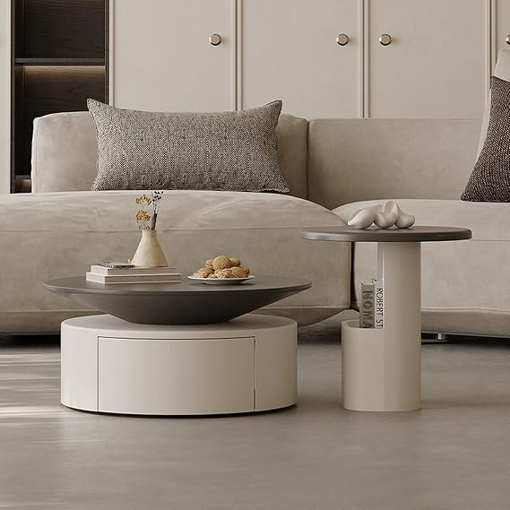 Nesting Round Coffee Table Set of 2, Small Side Tables for Small Spaces, with Storage Drawer & Open Storage Area