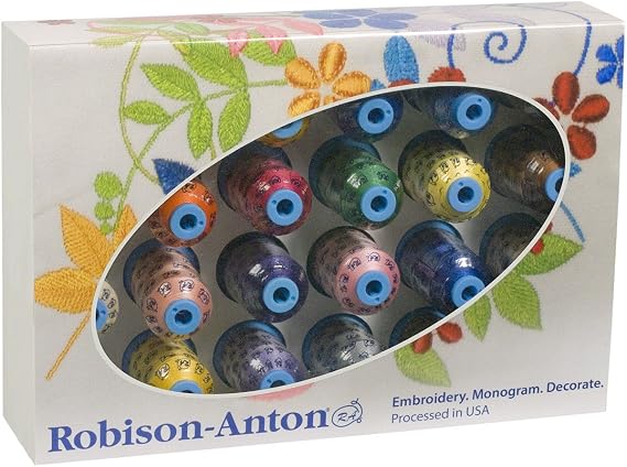 Robison-Anton Polyester Machine Embroidery Thread Set 24 Color Pack (1,100 yd Mini King Spools) High-Sheen Embroidery Thread for Sewing, Quilting & Machine Embroidery