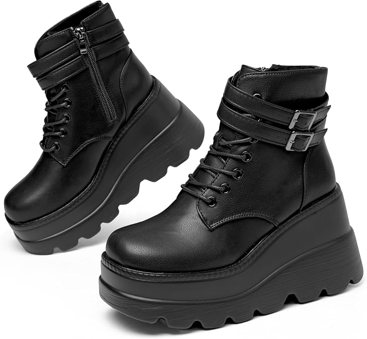 Gothniero Goth Platform Boots Black Gothic Chunky Heel Boots for Women Combat Ankle Wedge Booties with Side Zip Lace Up Size 3UK-8UK