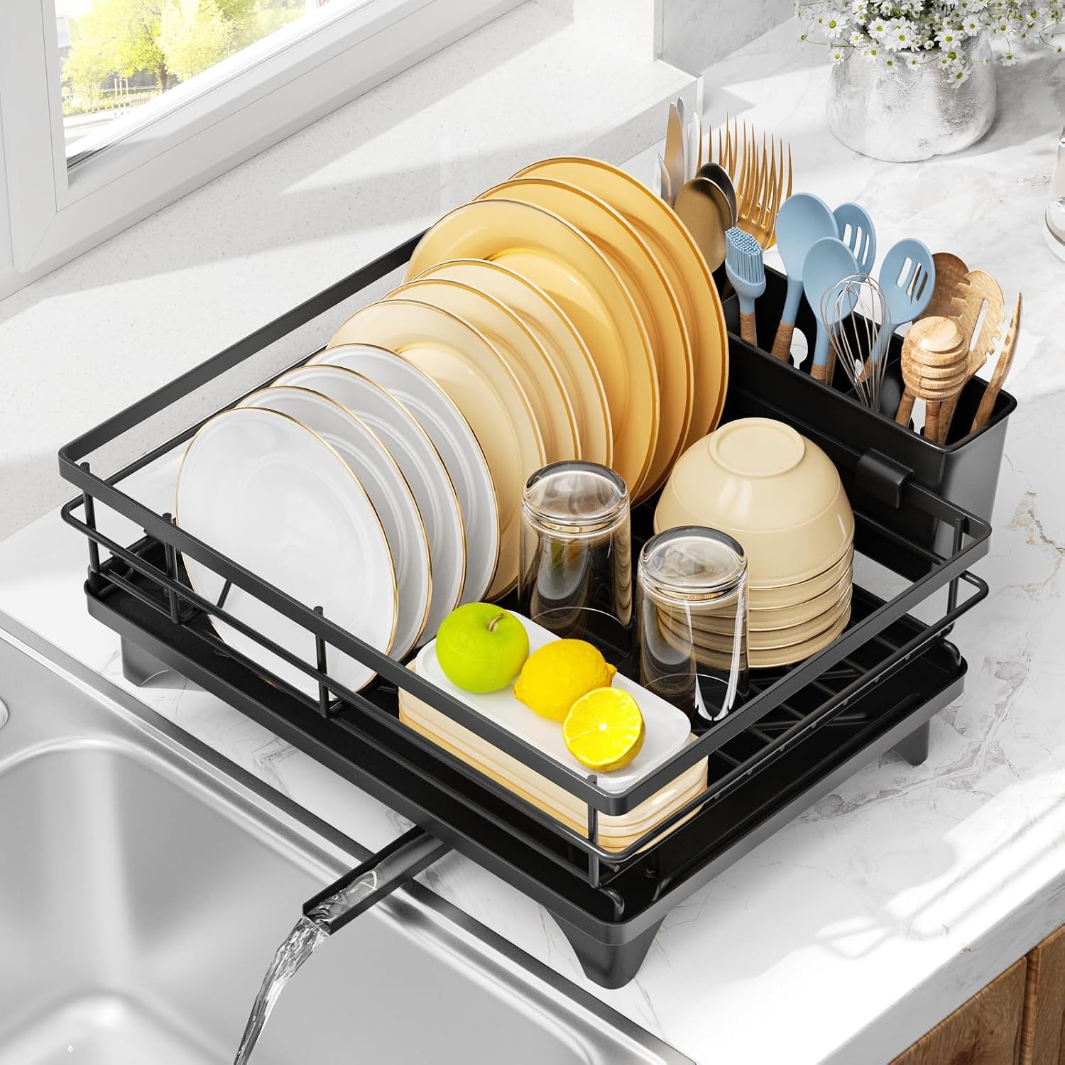 Dish Drainer Rack with Drip Tray, Space Saving Draining Board Rack, Sink Drainer Rack, Large Dish Rack, Drying Rack Kitchen for Utensils Plates Bowls