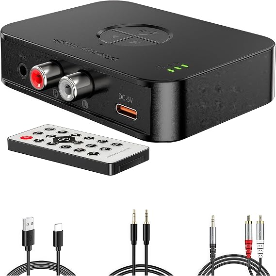 Bluetooth 5.4 Receiver with USB/AUX/RCA Outputs, HiFi Wireless Audio Receiver with Remote, USB Playback & Type-C Power No Battery, Bluetooth Audio Adapter for Old Stereo and Home Theater System.