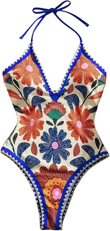 SweatyRocks Women's Tropical Vacation One Piece Swimsuit Deep V Halter Floral Bathing Suit Swimwear