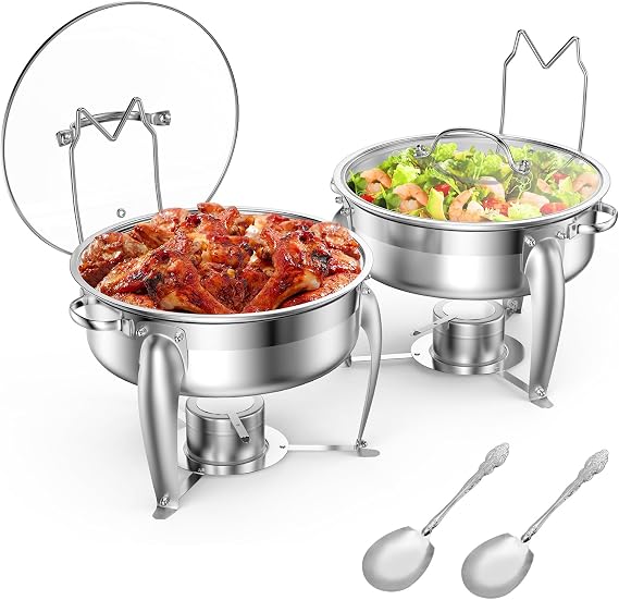 6 QT Chafing Dish Buffet Set with Serving Spoons, 2 Packs Stainless Steel Round Chafing Dishes with Glass Lid & Lid Holder, Food Warmers for Parties Buffet Weddings Catering Events
