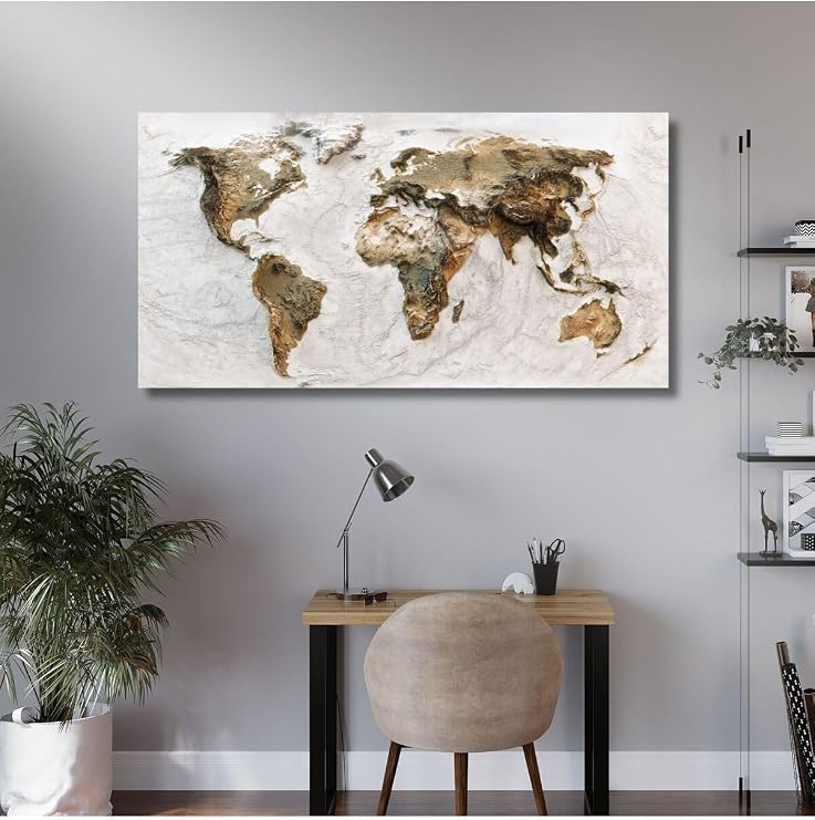 Gaagart Panoramik Kanvas Tablo Kabartma Görünümlü Dünya Haritası, 120 X 60