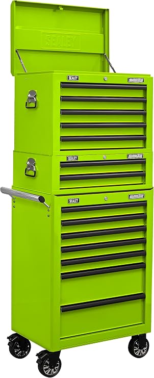 Sealey Topchest, Mid-Box & Rollcab Combination/Tool Chest on Wheels, 14 Drawer with Ball-Bearing Slides - Green - APSTACKTHV