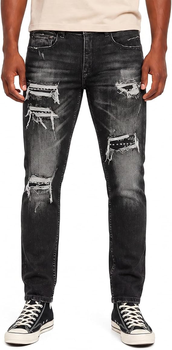 Men's Slim Straight Distressed Jeans with Slight Stretch